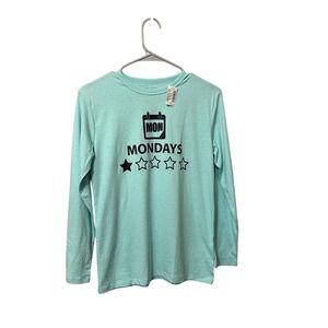 The Childrens Place Kids Long Sleeve 10/12 Graphic Tee Shirt Mint Green MONDAYS